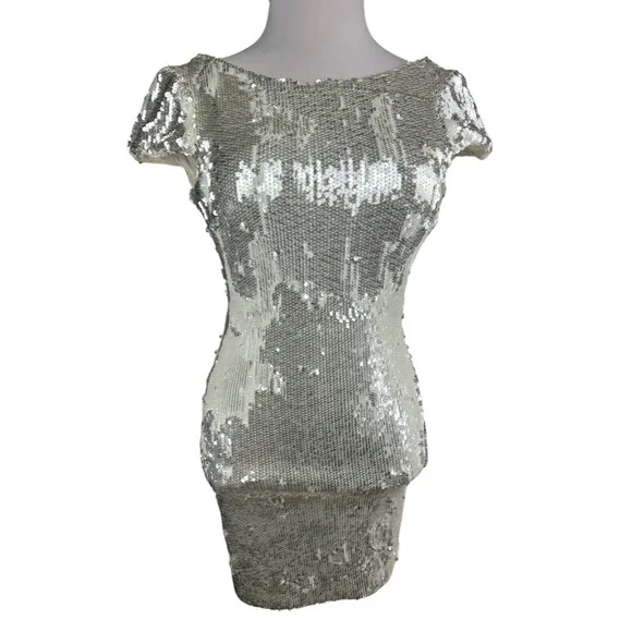 Dress the Population Sequin Tabitha Body Con Sheath Mini Dress Ivory Size Medium - Picture 4 of 13